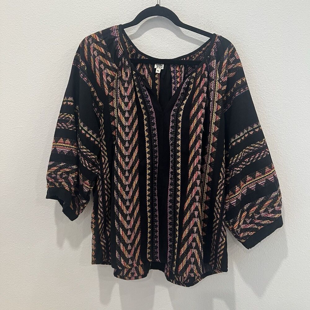 Ivy Jane Womens Black Multi Geometric Tribal Boho Split V-Neck Blouse XL